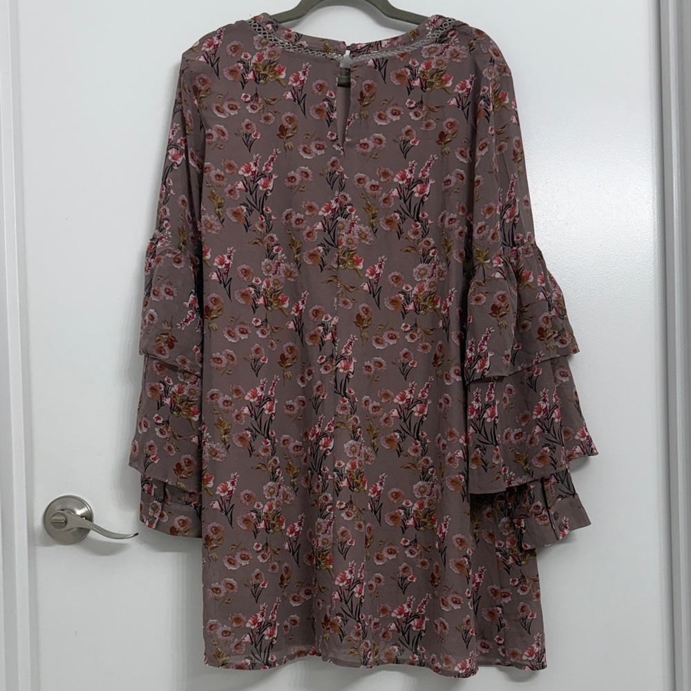 Lulus Day Date Mauve Floral Print Tiered Flounce Sleeve Mini Dress Size L